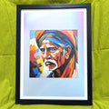 A picture of a framed poster depicting a colourful old man in a turban