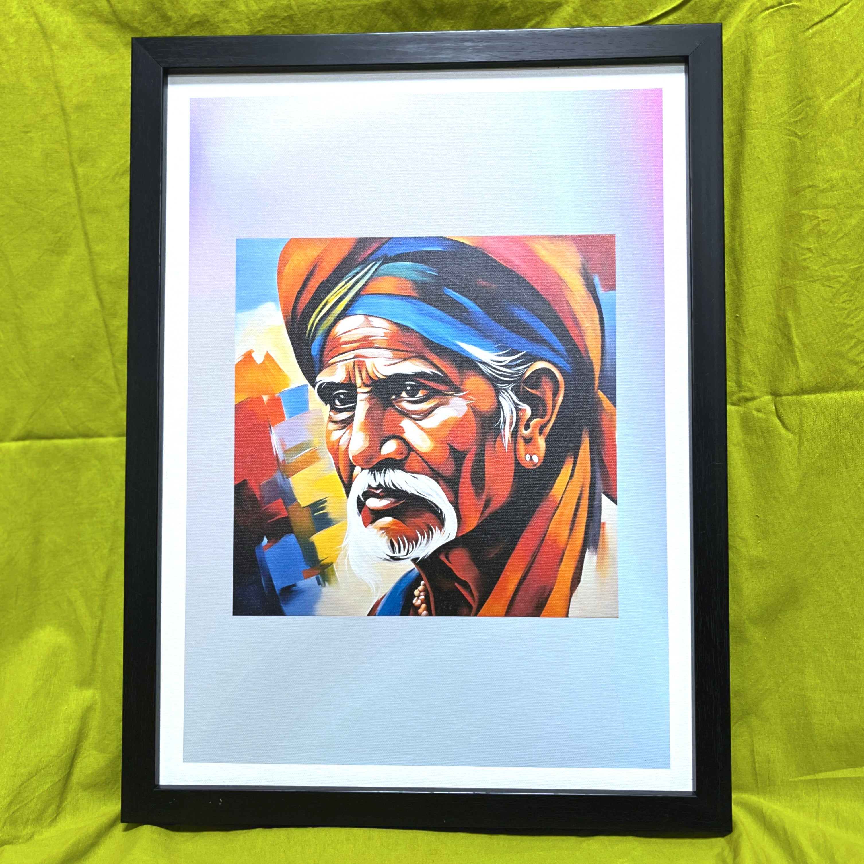 A picture of a framed poster depicting a colourful old man in a turban