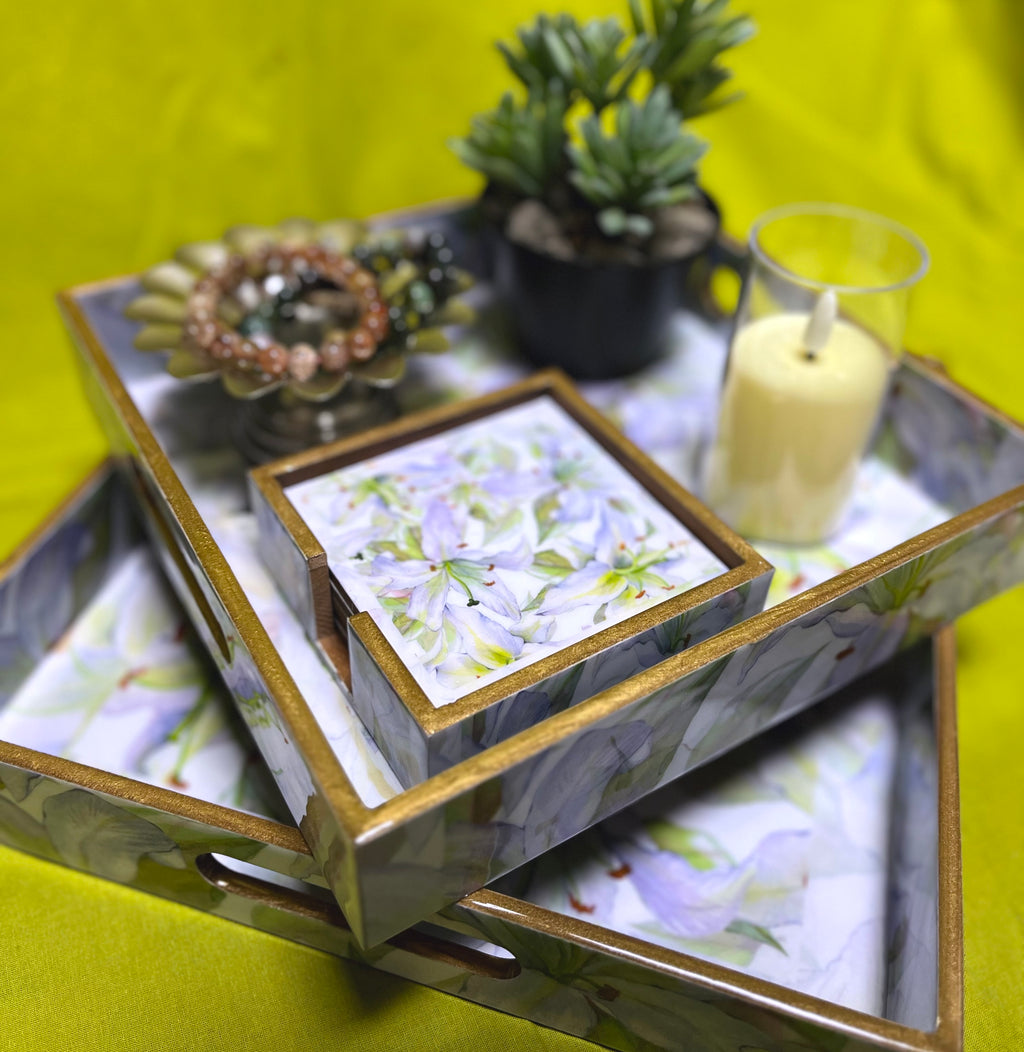 A picture of lavender tray set with matching coasters